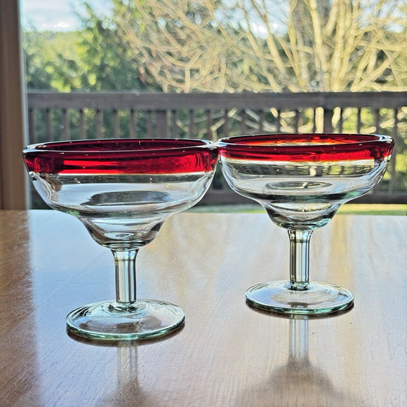 Margarita Glasses Red Rim Mexican Hand Blown Thick Glass Set Of 2 Barware 10 oz - Picture 1 of 7